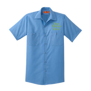 Embroidered Crest - Short Sleeve Striped Industrial Work Shirt Thumbnail