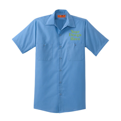 Embroidered Crest - Short Sleeve Striped Industrial Work Shirt Thumbnail
